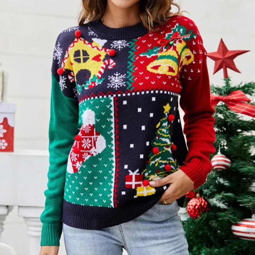 Pull de Noël Femme – Sweat d’Hiver Patchwork Coloré avec Motif de Noël