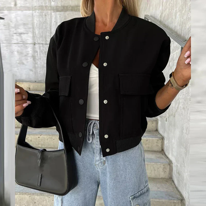 Short bomber jacket for women with flap pockets and snap closure