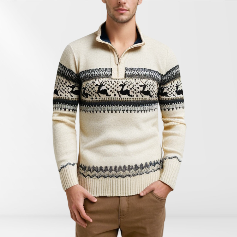 Pull homme en maille zippé à moitié – Motif classique d’hiver