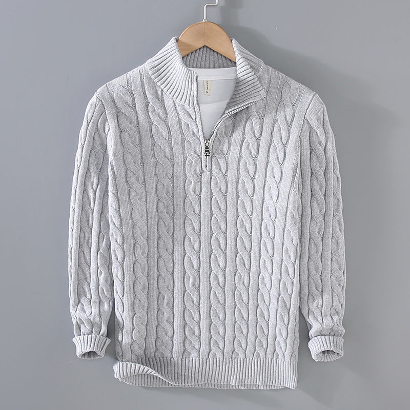 Men's Zip Collar Sweater with Cable Knit Pattern