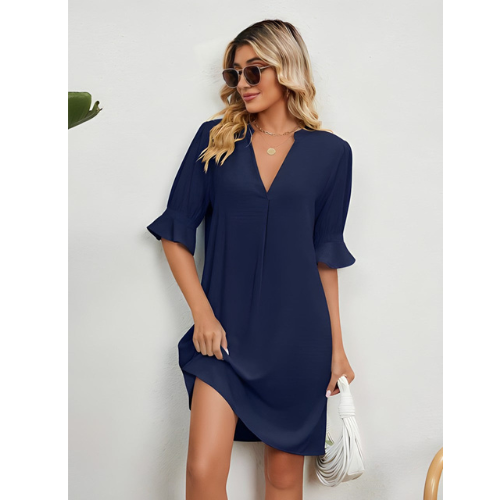 Sommerkleid Mini Damen mit V-Ausschnitt aus Mischbaumwolle