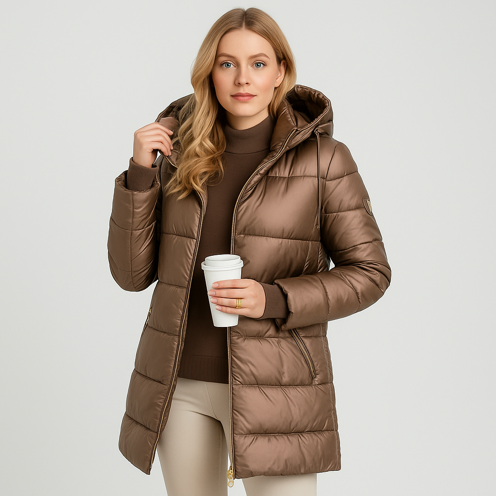 Damen langer Wintermantel mit Kapuze – warm & elegant