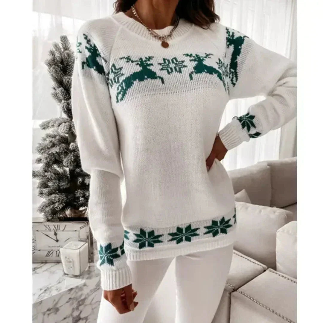 Weihnachts-Pullover Damen – Eleganter Winterpullover mit Rentier und Schneeflocken