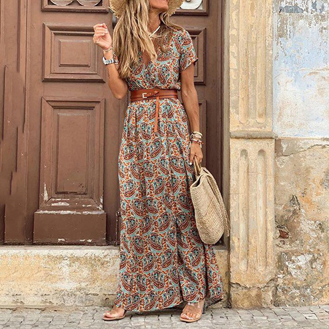 Maxikleid Boho Sommer mit V-Ausschnitt und Gürtel