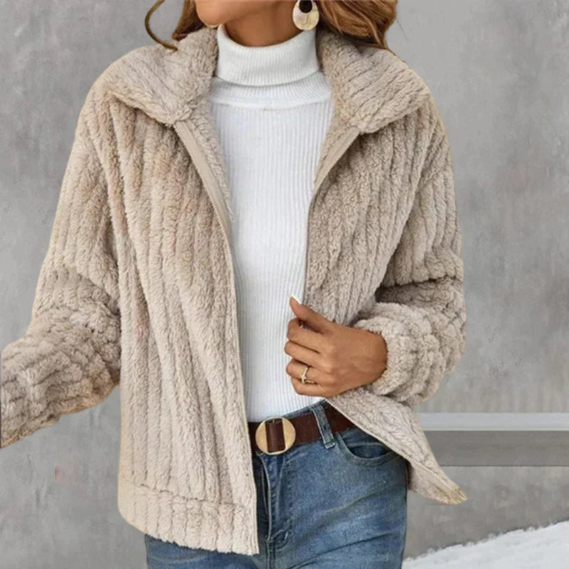 Teddyjacke Damen – Weicher Fleece-Mantel mit Reißverschluss und Kragen