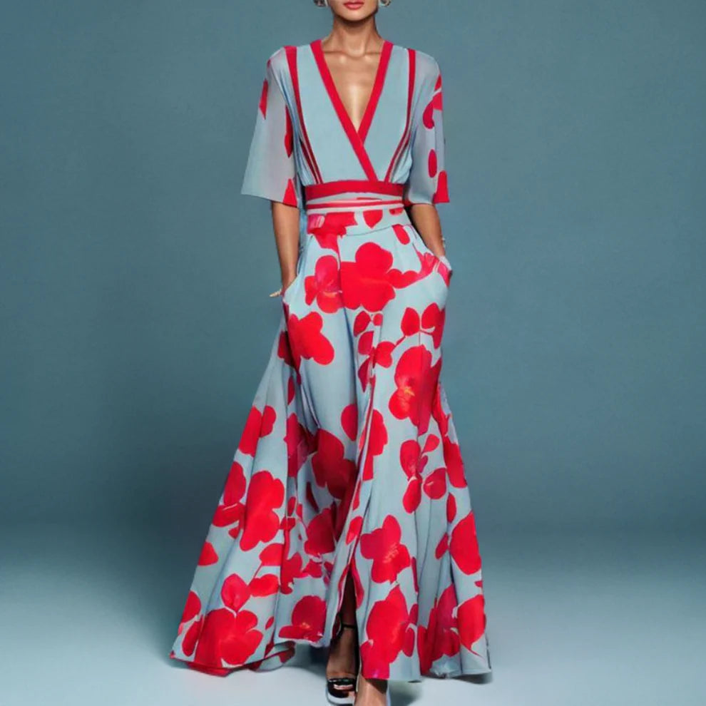Elegantes langes Kleid mit Blumenmuster und V-Ausschnitt