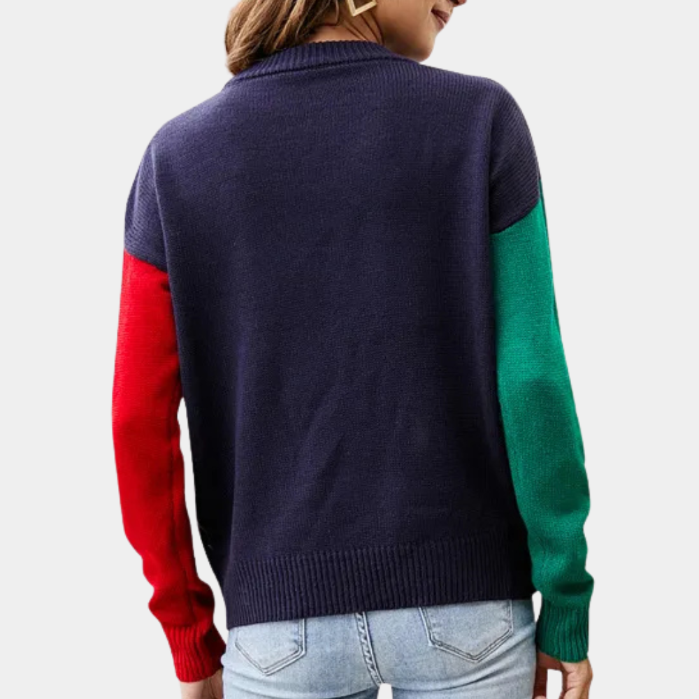 Pull de Noël Femme – Sweat d’Hiver Patchwork Coloré avec Motif de Noël