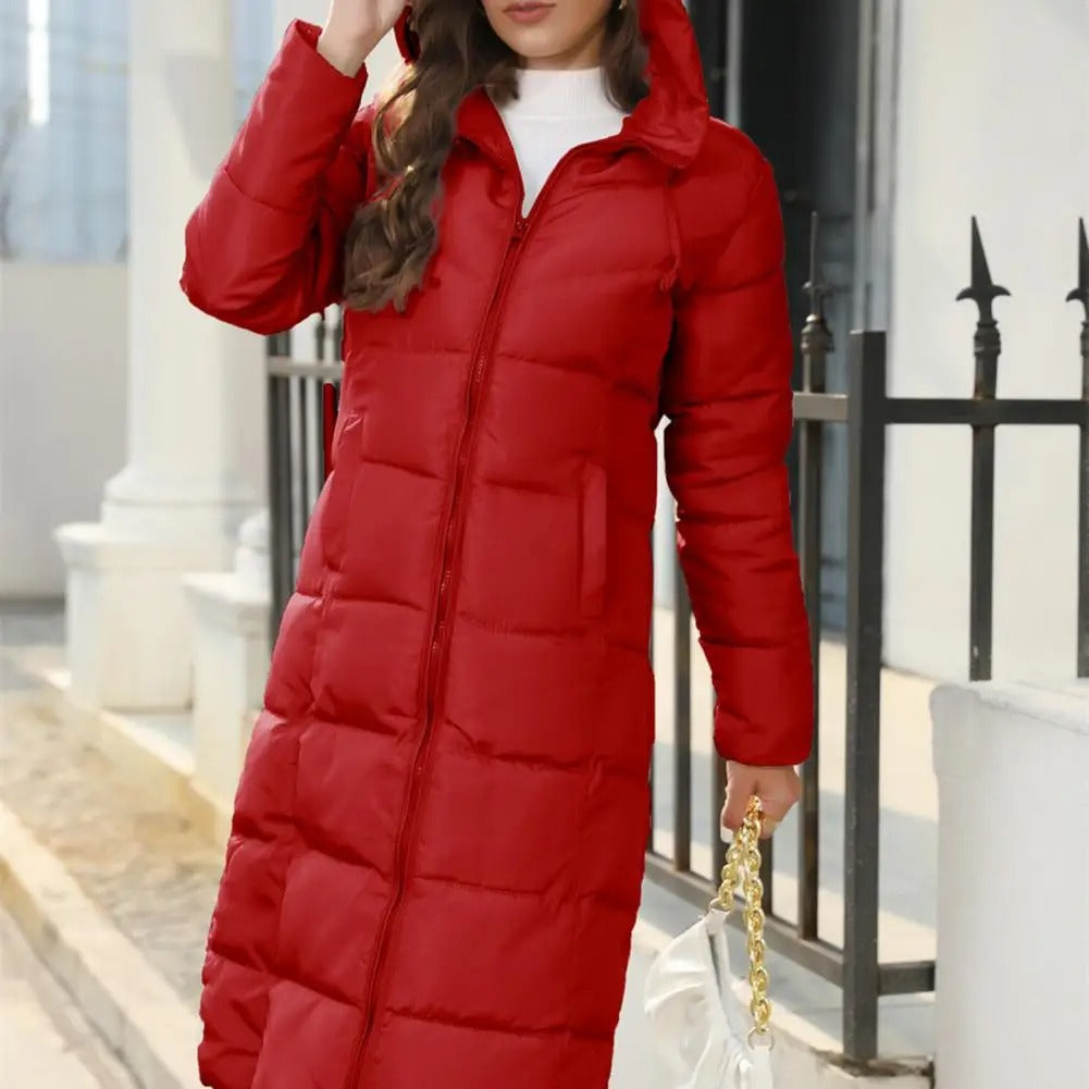 Damen langer Wintermantel – warme gesteppte Jacke mit Kapuze
