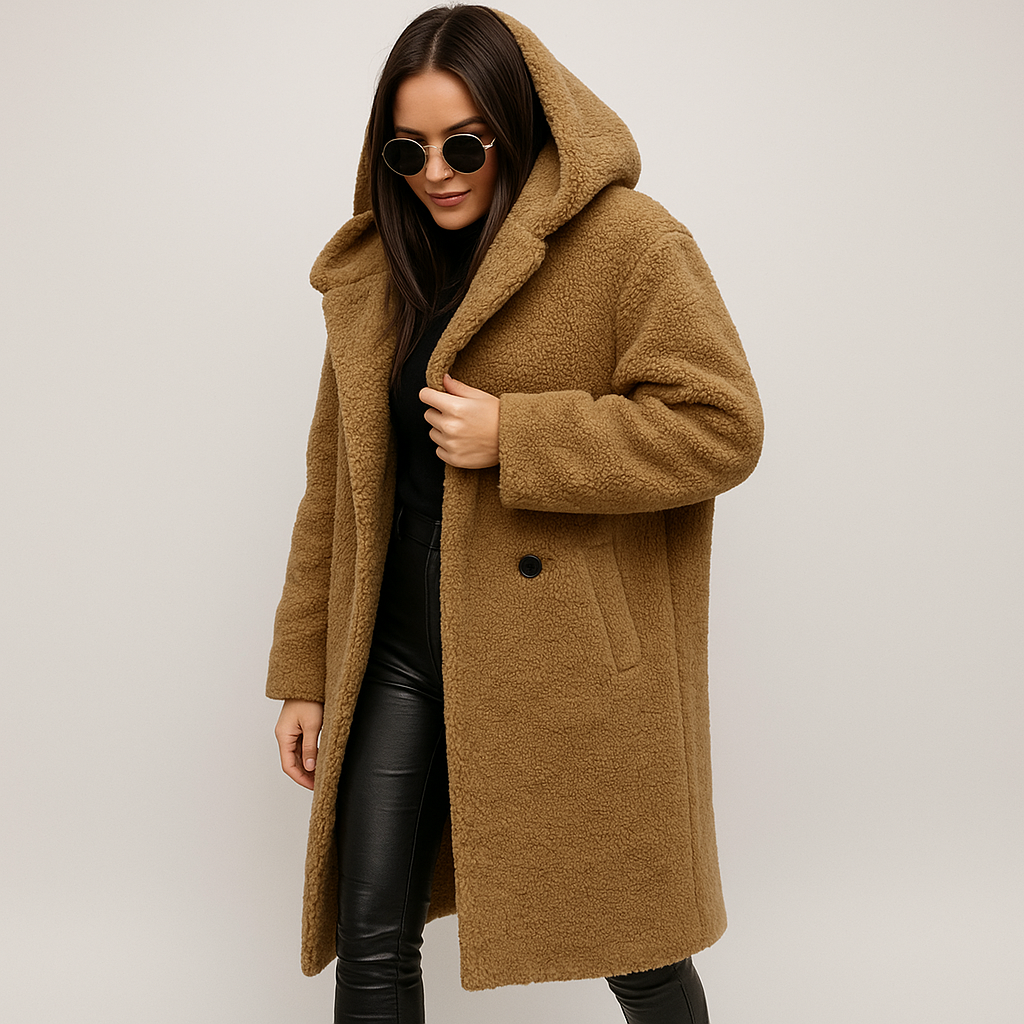 Damen langer Wintermantel mit Kapuze – warm, weich und elegant