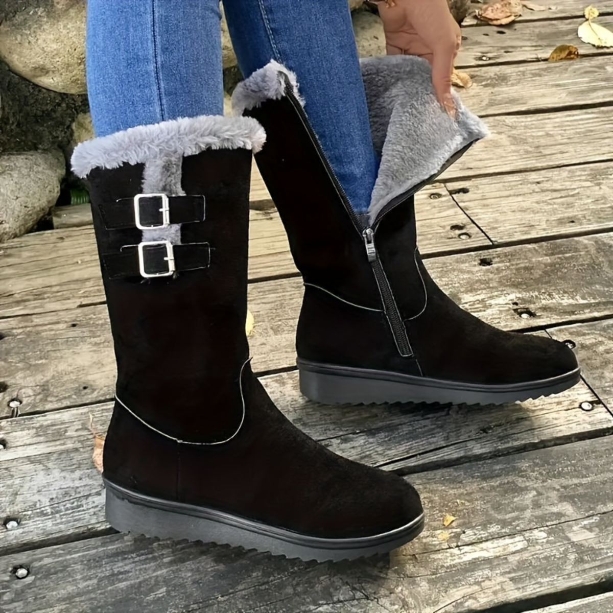 Bottes d’hiver femme avec doublure en fourrure – Bottes chaudes à boucles