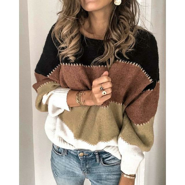 Damenpullover mit Farbblöcken – Weicher Winterpullover aus Strick mit weiter Passform