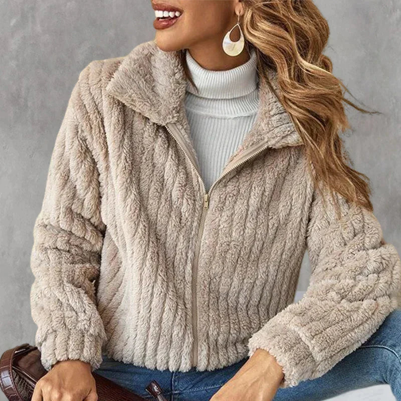 Teddyjacke Damen – Weicher Fleece-Mantel mit Reißverschluss und Kragen