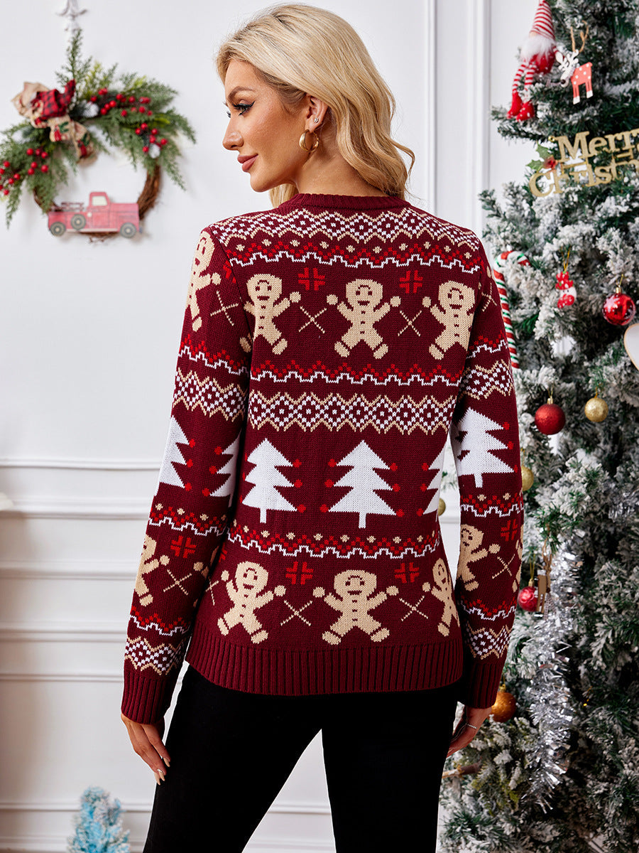 Pull de Noël Femme – Pull Hiver avec Motif Pain d’Épices & Sapin de Noël