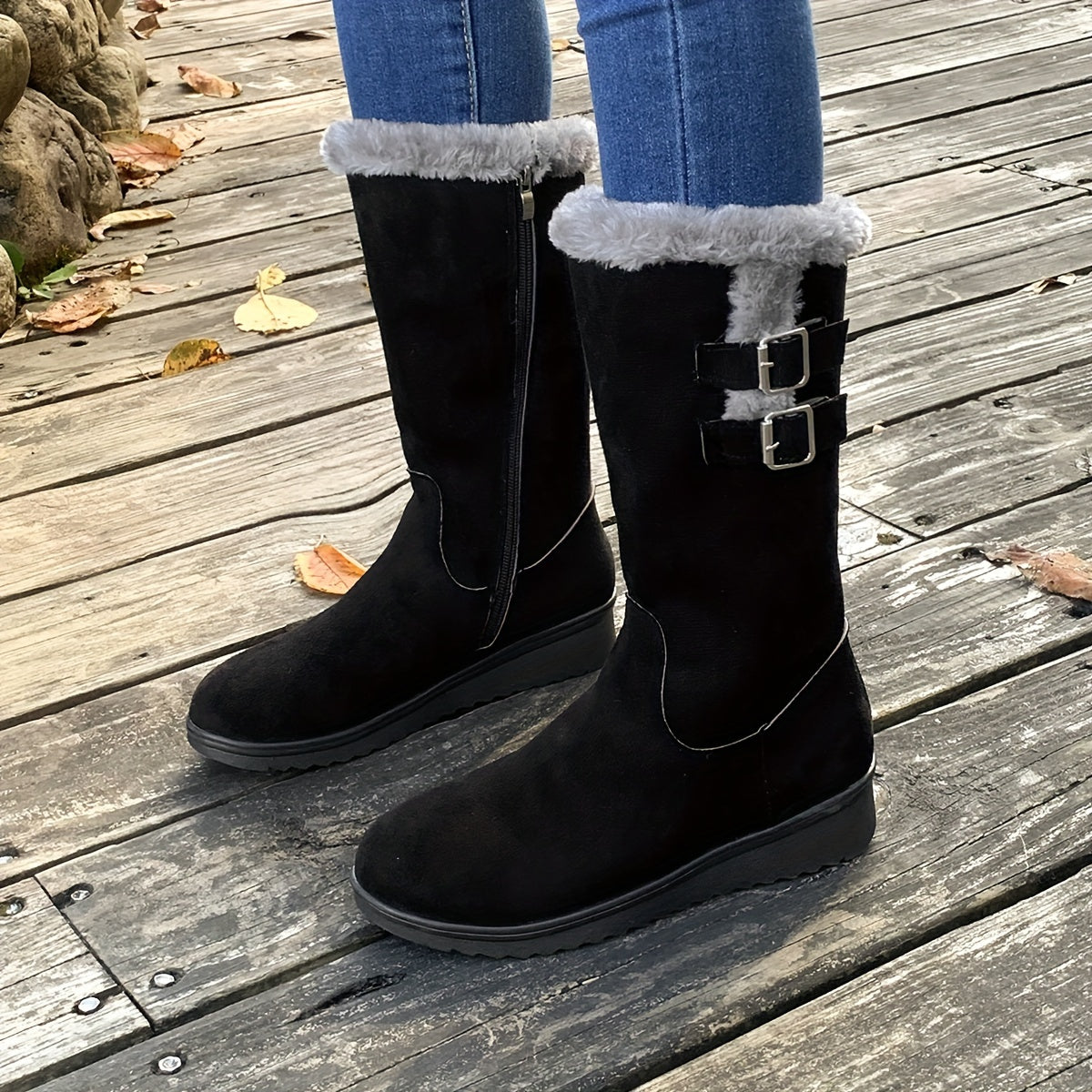 Bottes d’hiver femme avec doublure en fourrure – Bottes chaudes à boucles