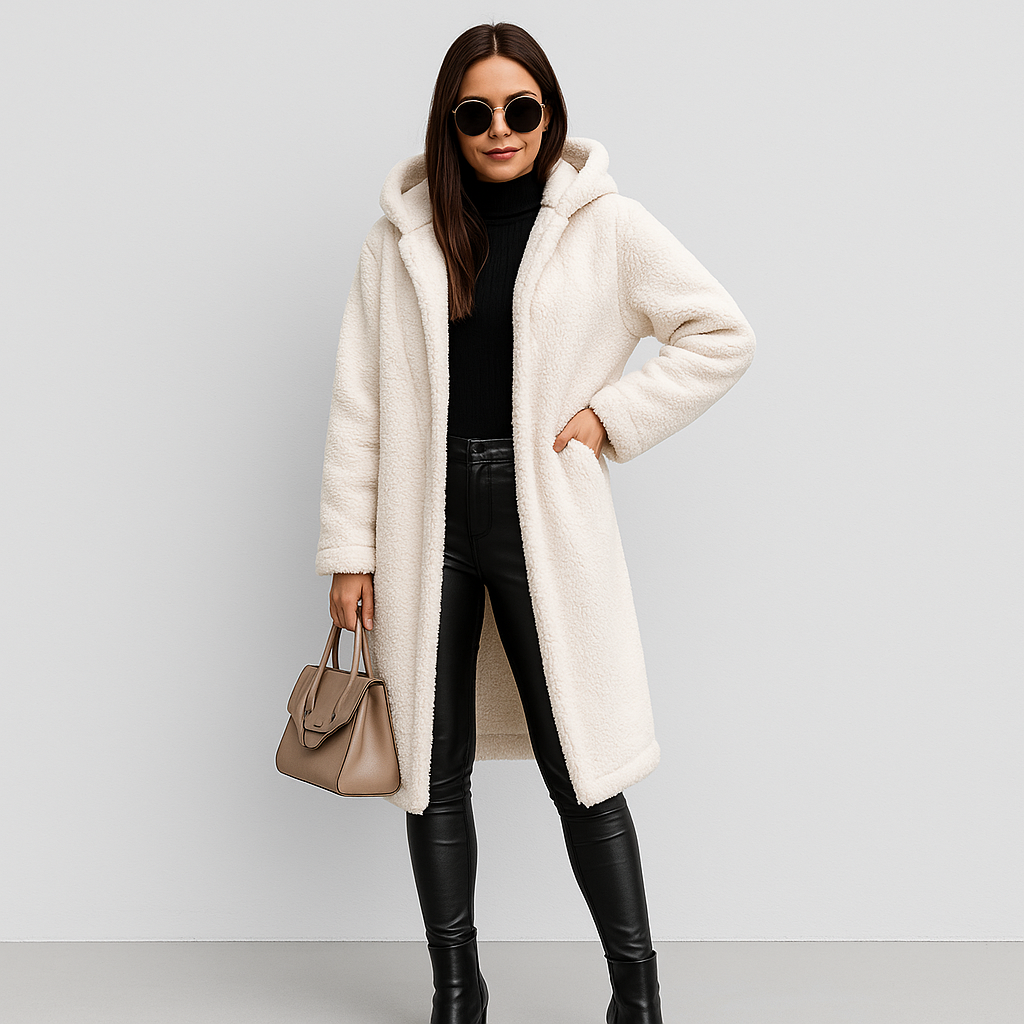 Damen langer Wintermantel mit Kapuze – warm, weich und elegant