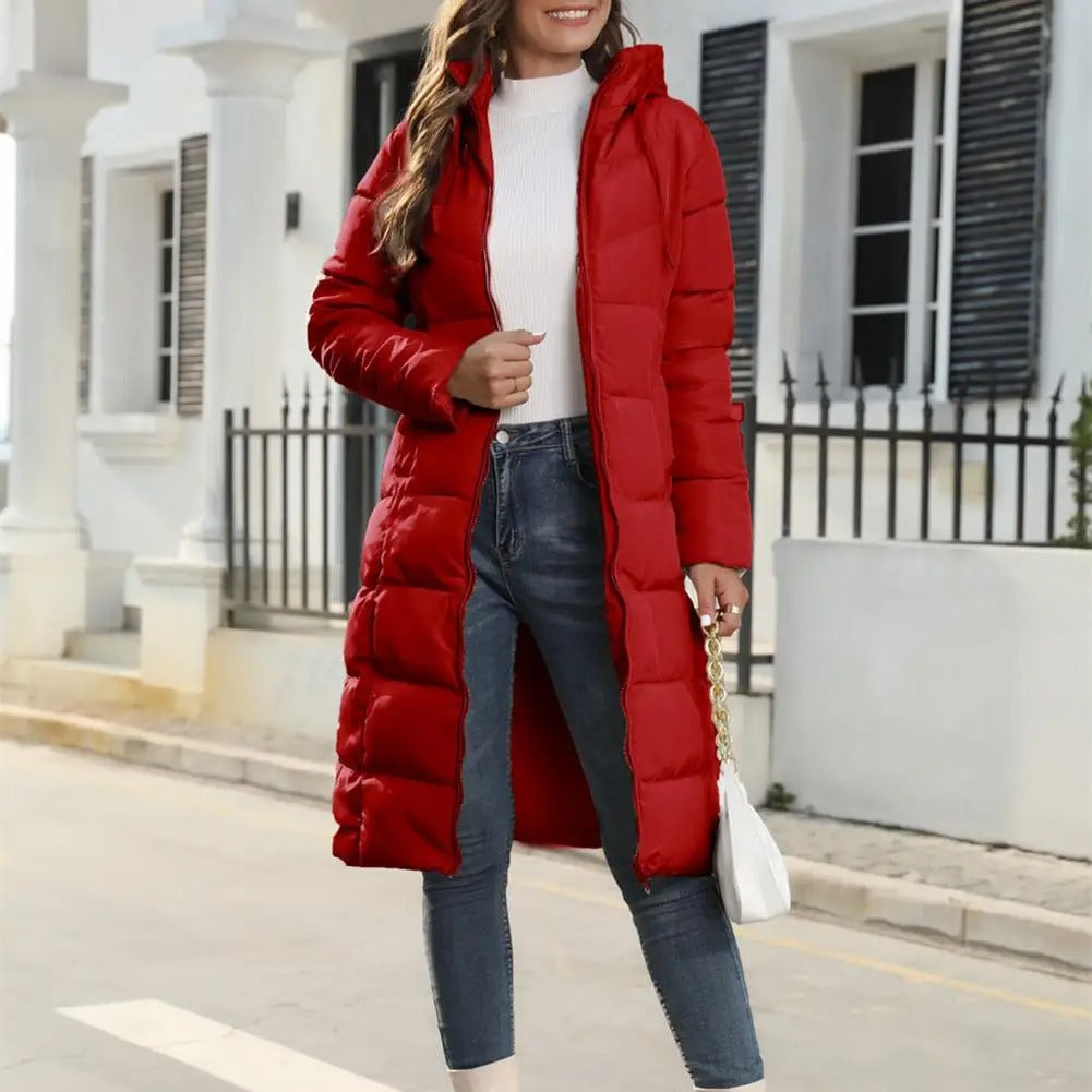 Damen langer Wintermantel – warme gesteppte Jacke mit Kapuze