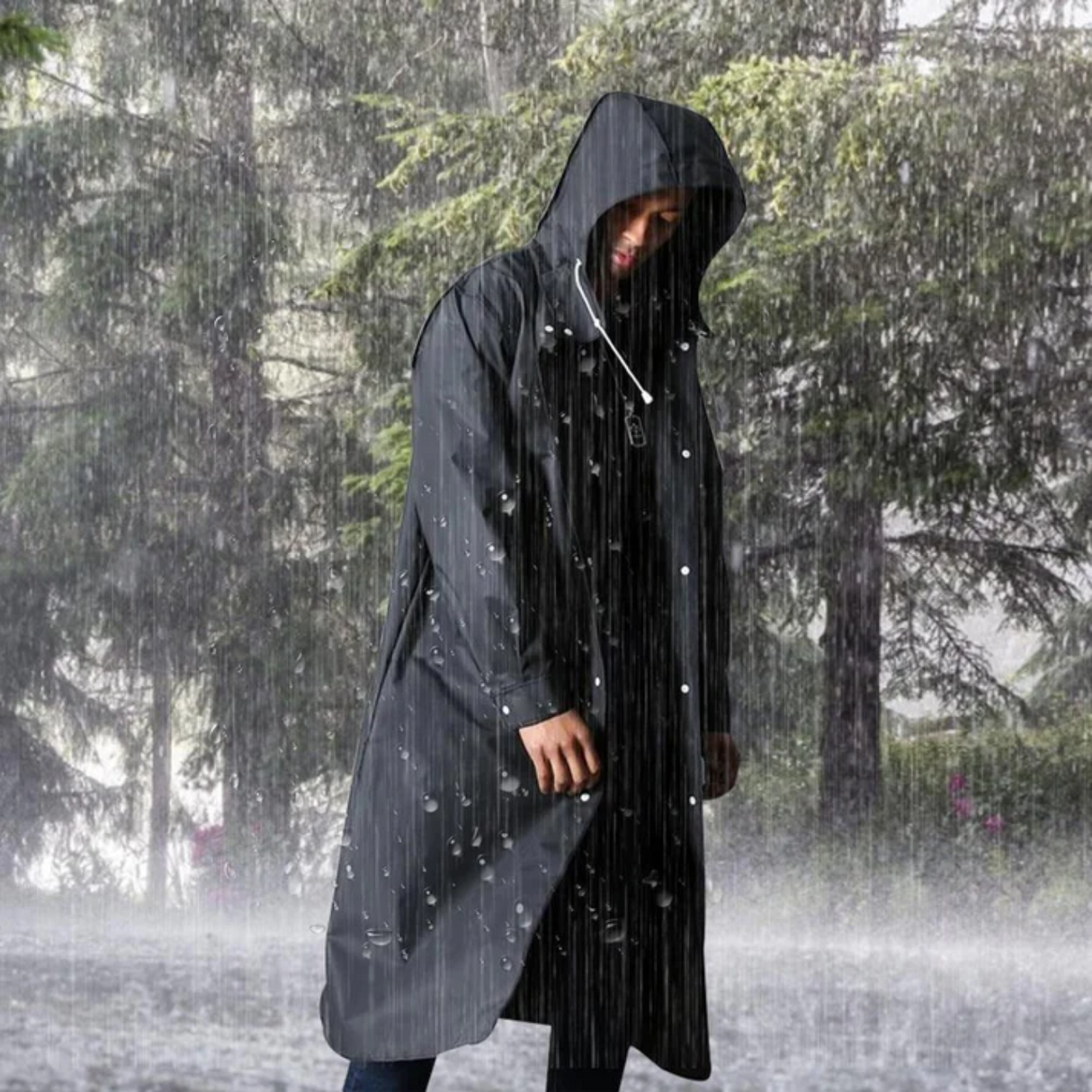 Long imperméable homme avec capuche – Noir, coupe-vent et imperméable