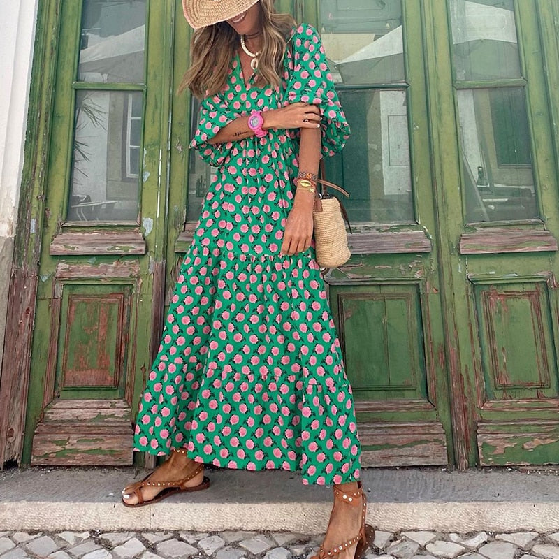 Langes grünes Kleid für Damen – Maxikleid für den Sommer aus leichtem Stoff