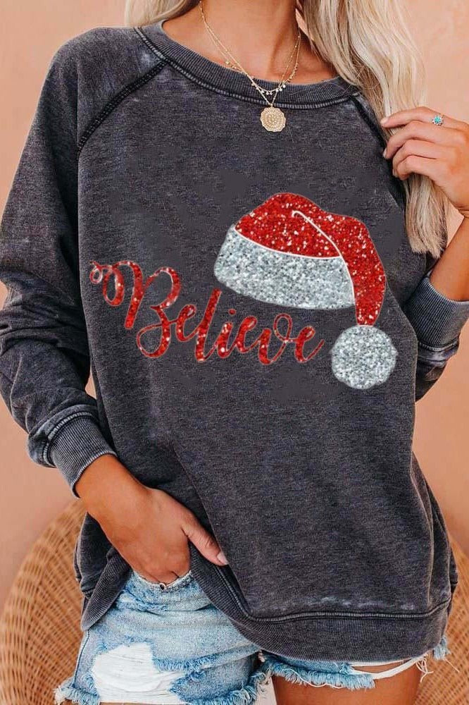 Weihnachts-Pullover Damen – Lässiger Sweatshirt mit Motiv ‘Believe’