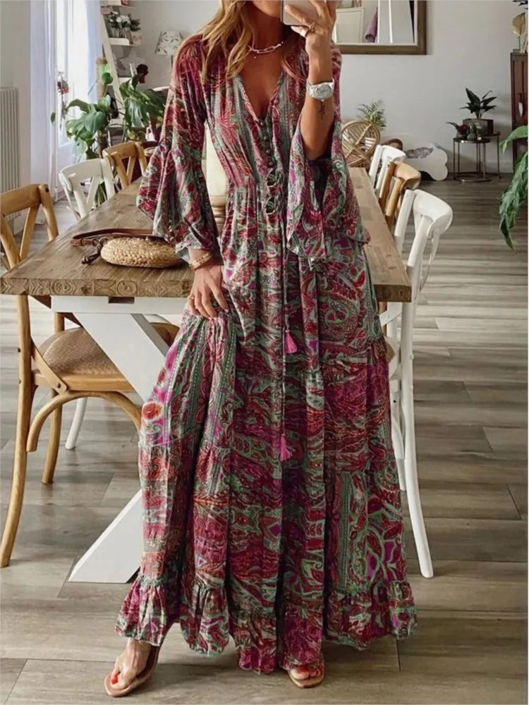 Maxikleid Damen - V-Ausschnitt - Lange Ärmel - Boho-Stil