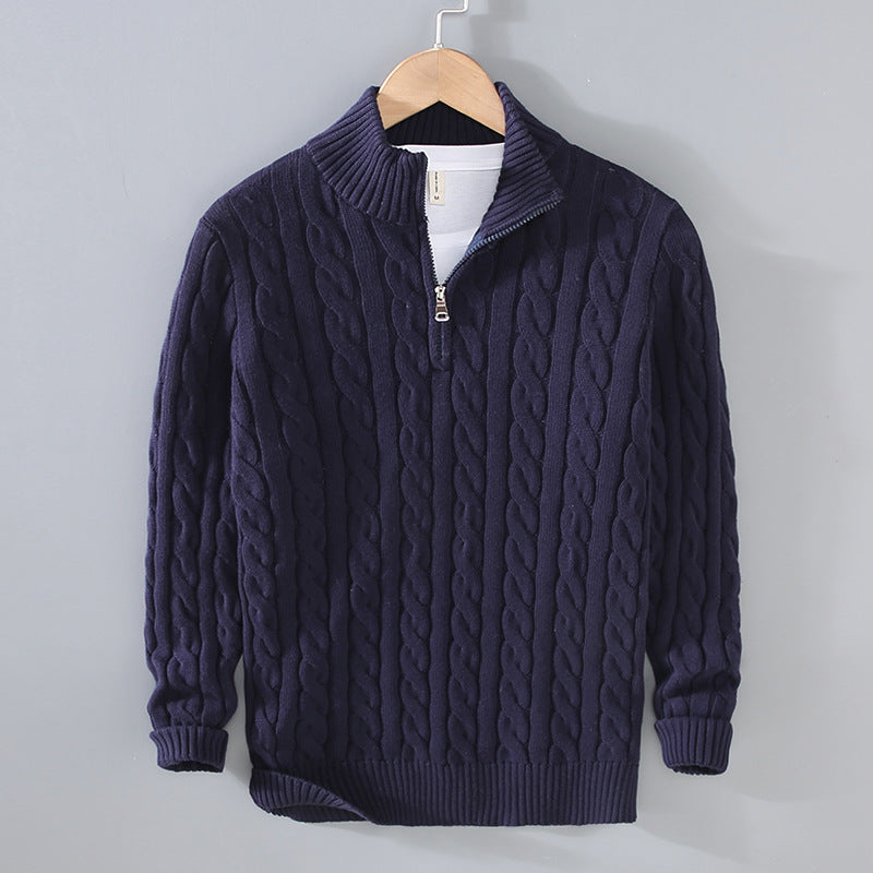 Men's Zip Collar Sweater with Cable Knit Pattern