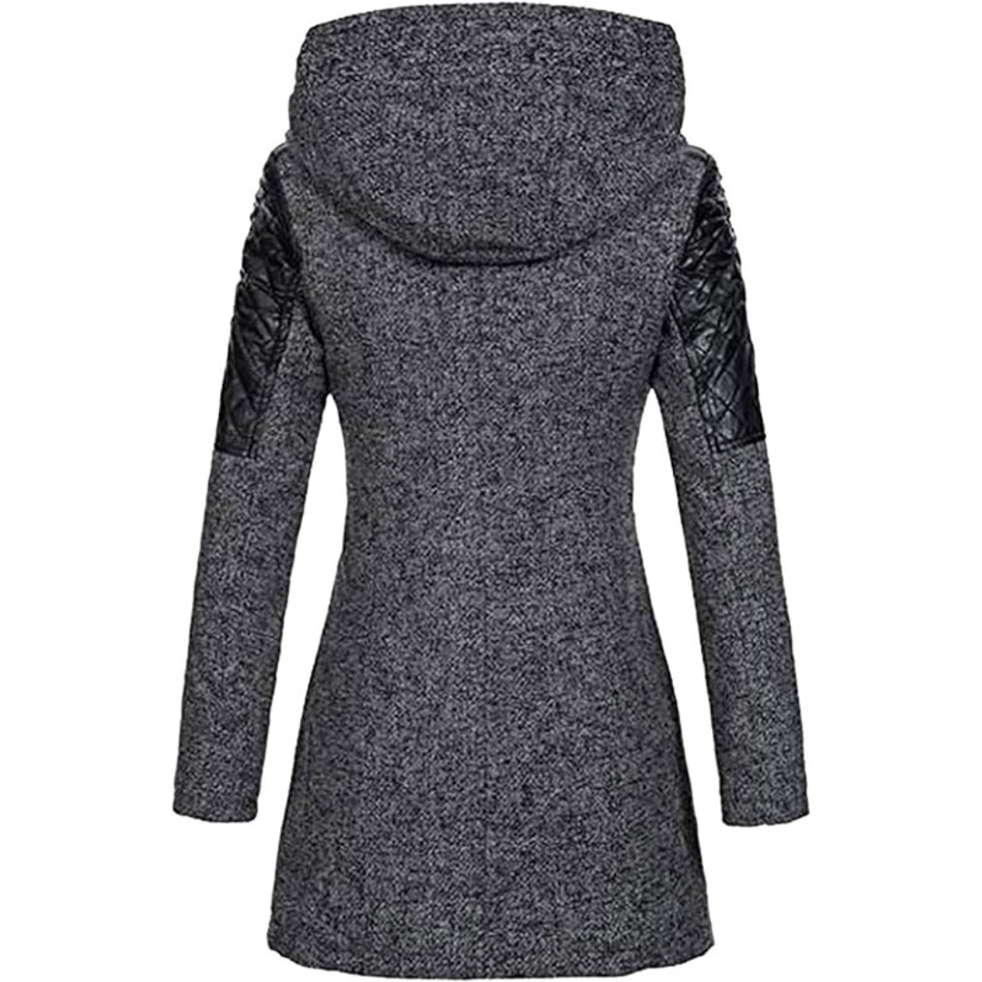 Damen-Mantel mittellang mit Kapuze und kontrastierenden Ärmeln