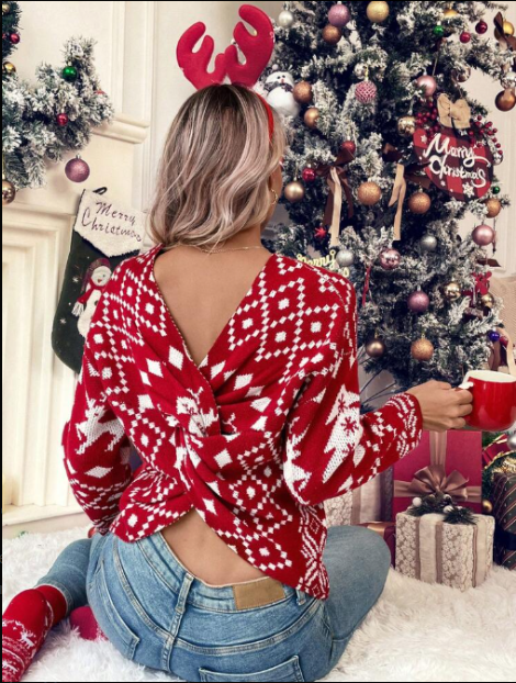 Women's Christmas Top – Winter T-shirt Open Back & Festive Print