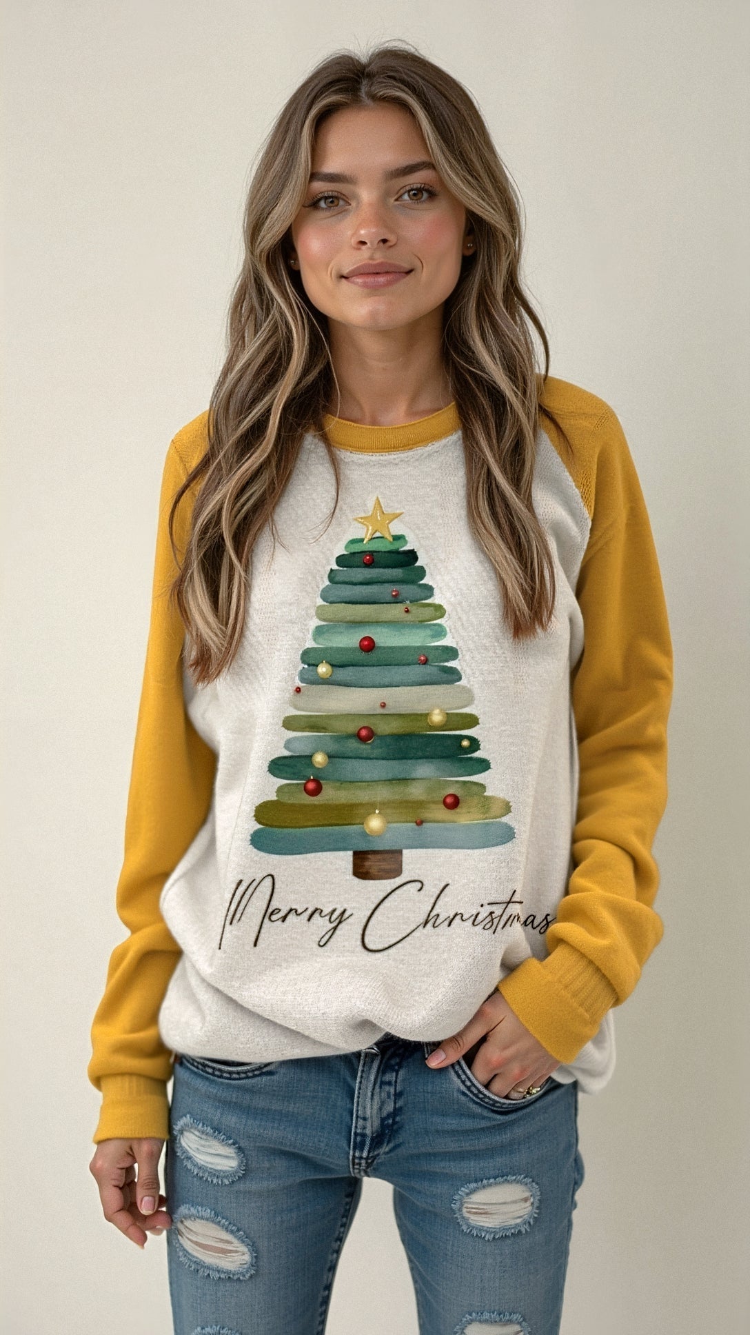 Weihnachts-Pullover Damen – Sweatshirt Frohe Weihnachten mit Tannenbaum-Aufdruck