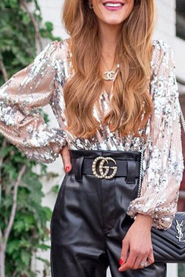 Top Glamour Pailleté mit V-Ausschnitt und langen Ärmeln