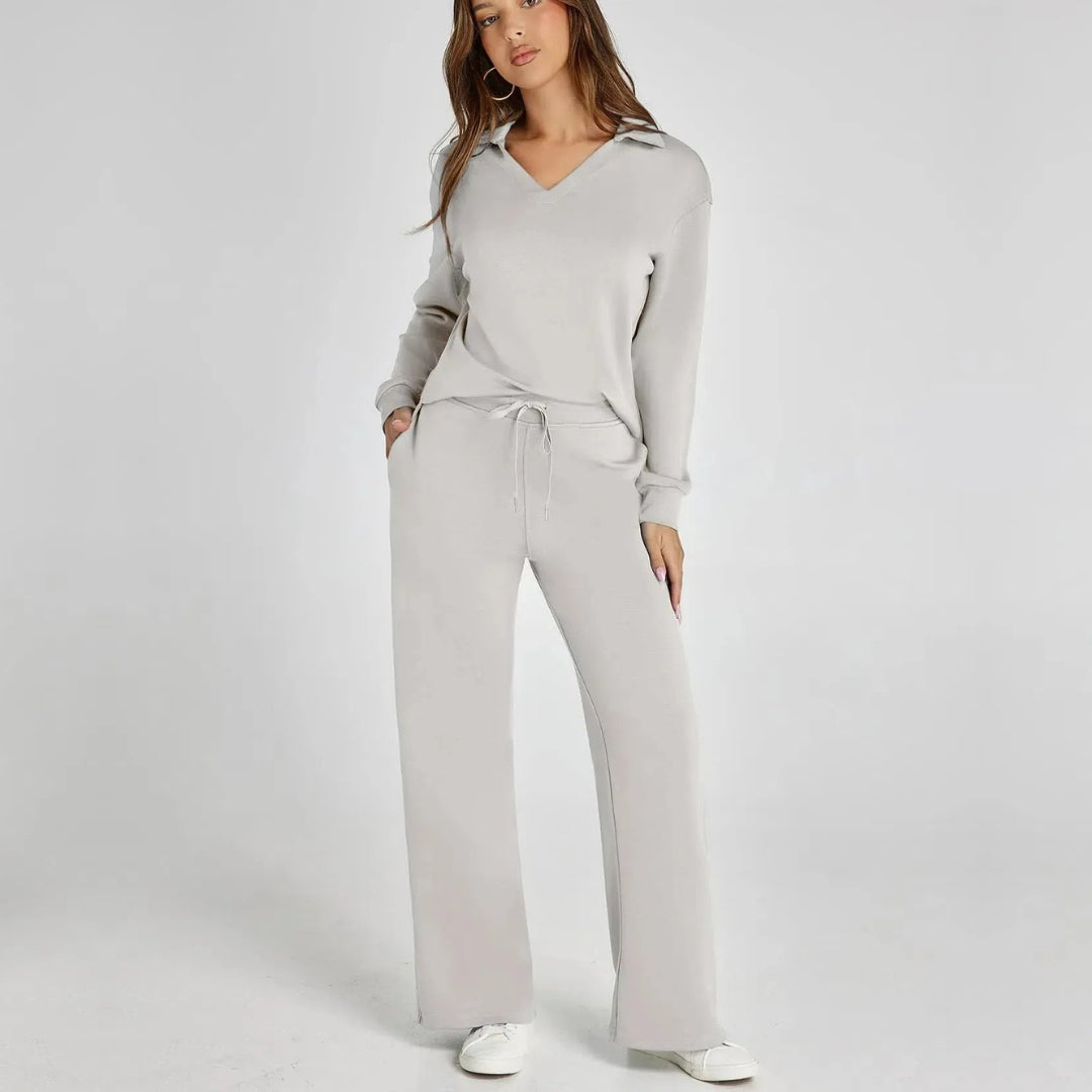 Damen-Loungewear-Set – Bequemes zweiteiliges Set mit V-Ausschnitt