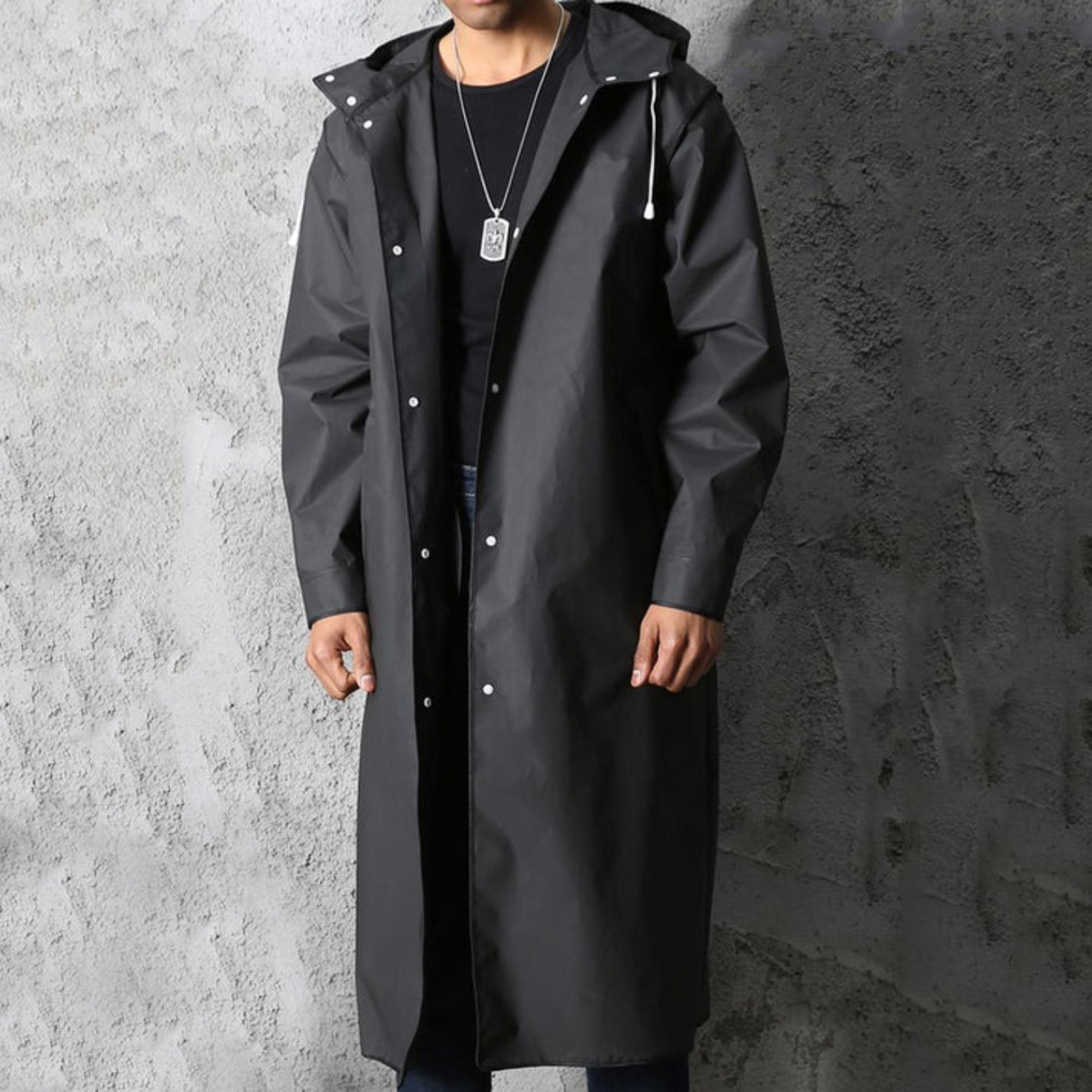 Long imperméable homme avec capuche – Noir, coupe-vent et imperméable