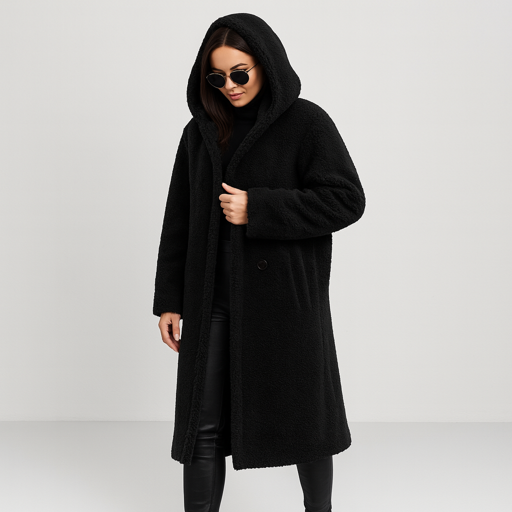Damen langer Wintermantel mit Kapuze – warm, weich und elegant