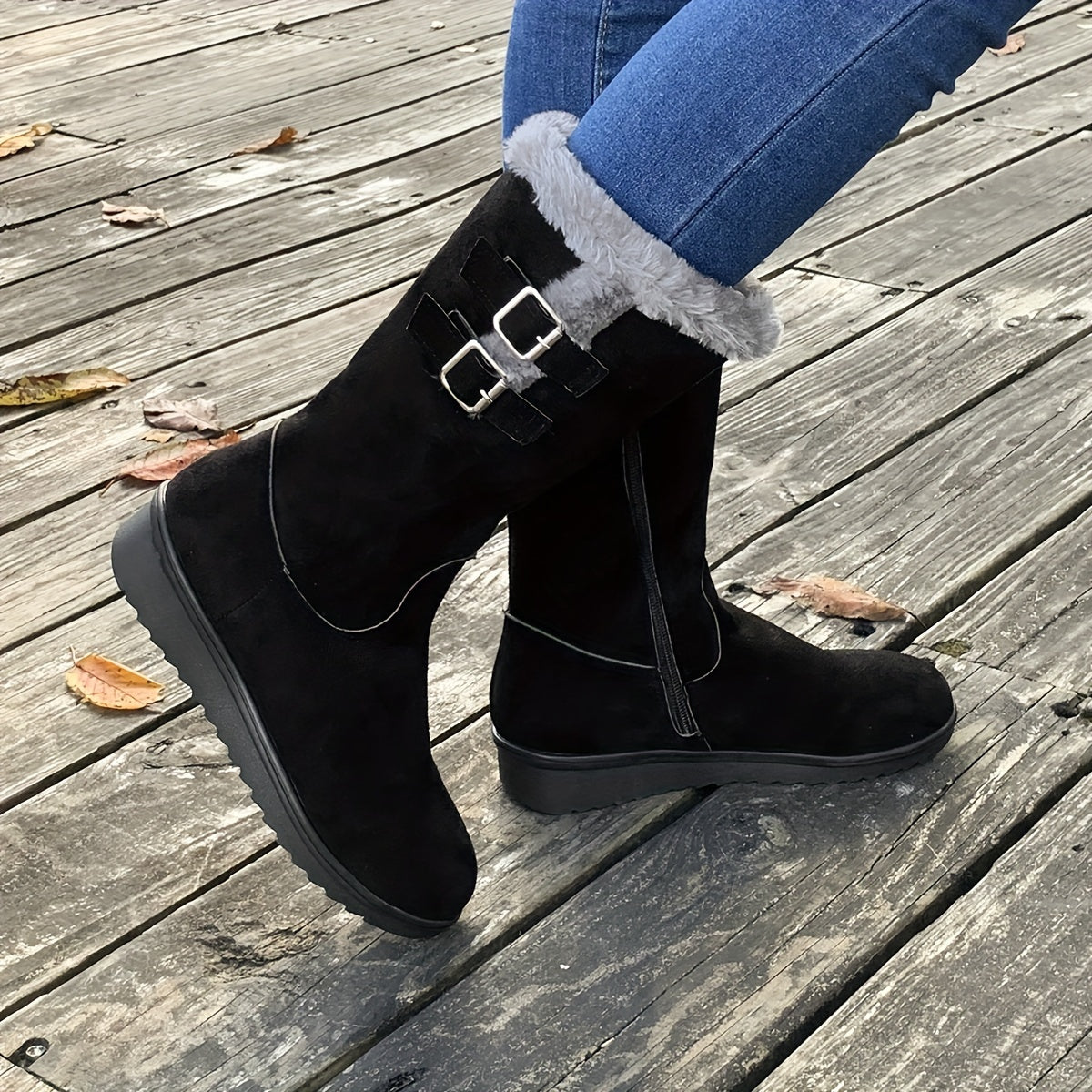 Bottes d’hiver femme avec doublure en fourrure – Bottes chaudes à boucles
