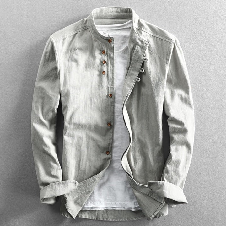 Men's Mandarin Collar Shirt with Decorative Buttons