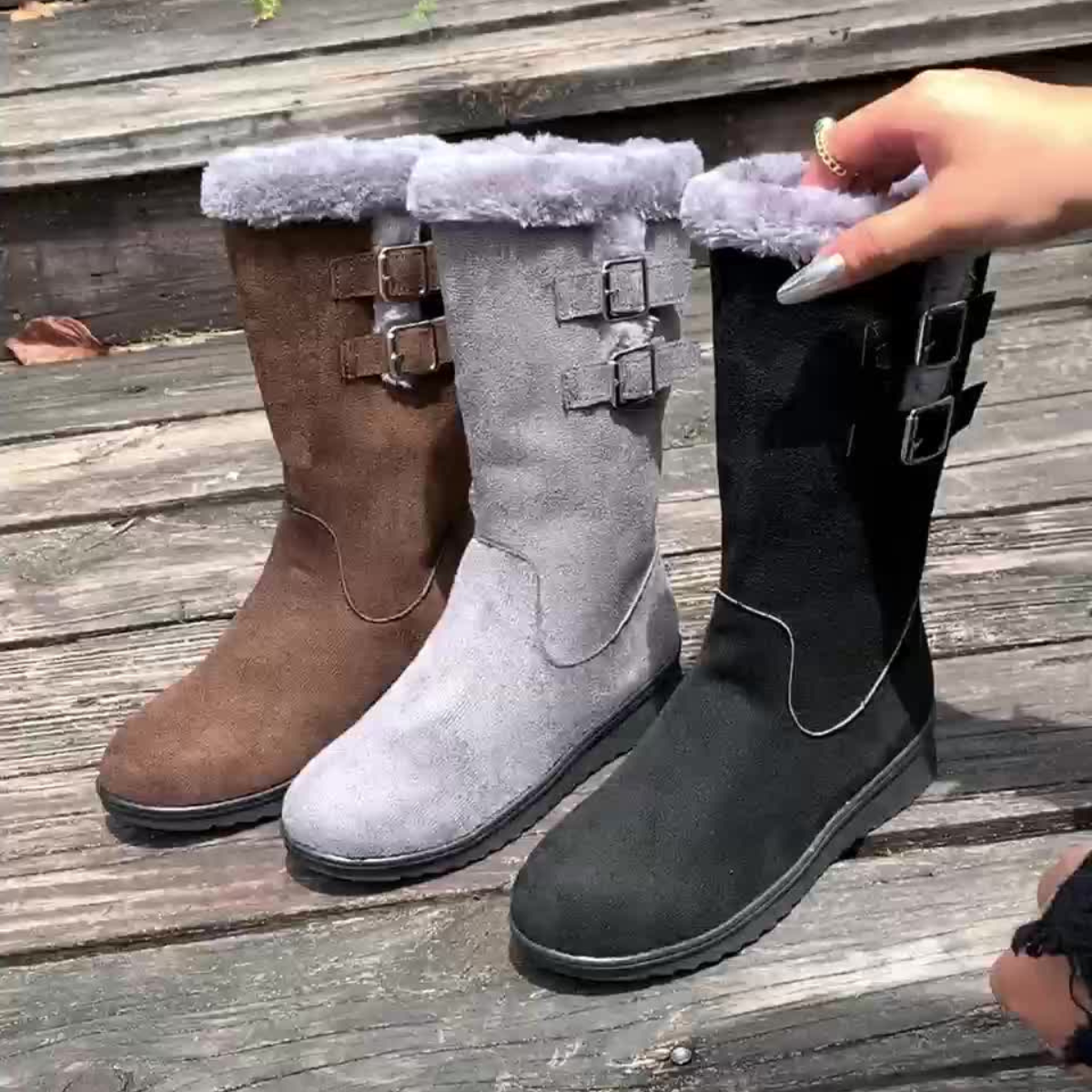 Bottes d’hiver femme avec doublure en fourrure – Bottes chaudes à boucles