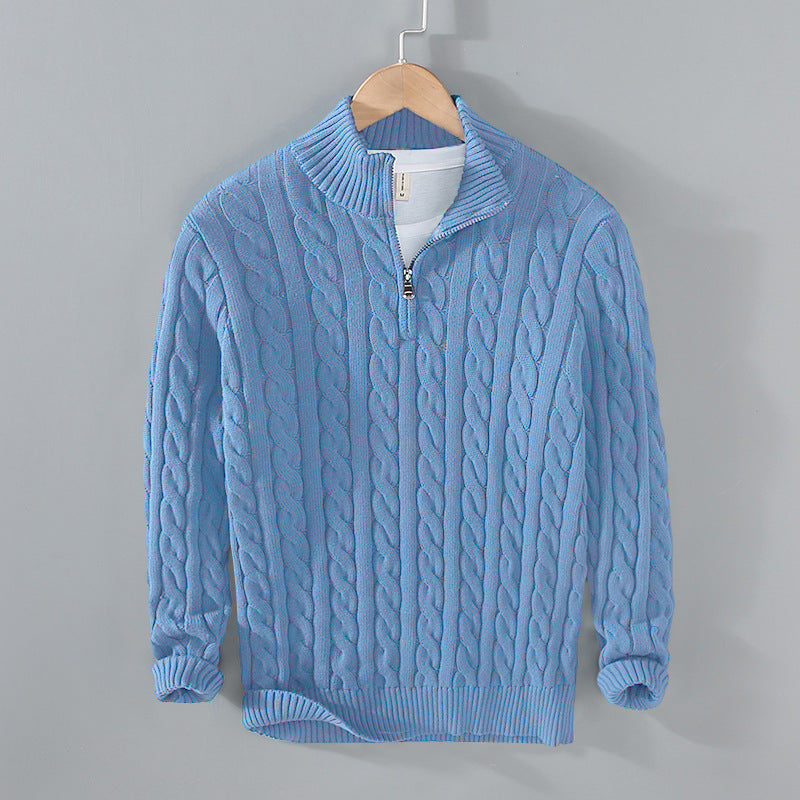 Men's Zip Collar Sweater with Cable Knit Pattern