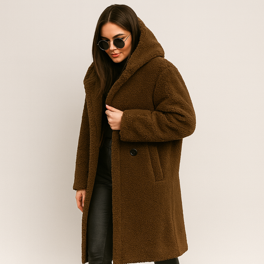 Damen langer Wintermantel mit Kapuze – warm, weich und elegant