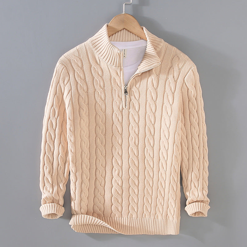Men's Zip Collar Sweater with Cable Knit Pattern