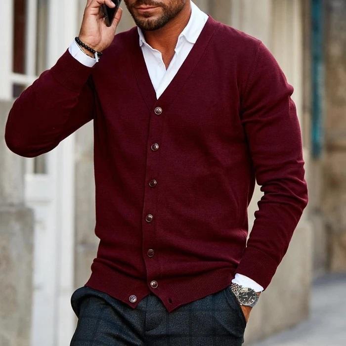 Men's V-Neck Cardigan with Buttons - Elegant and Comfortable