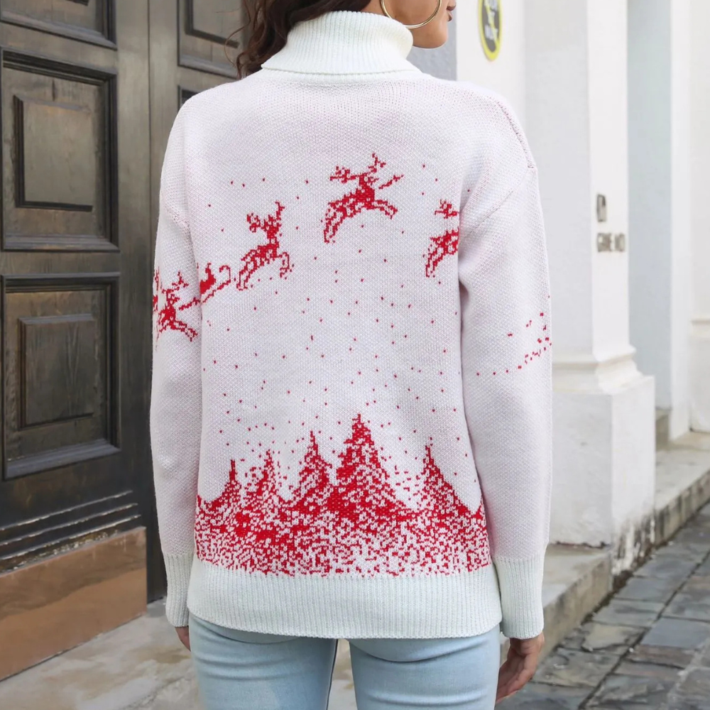 Weihnachts-Pullover Damen – Winterpullover mit rotem Rentier und Schneemuster