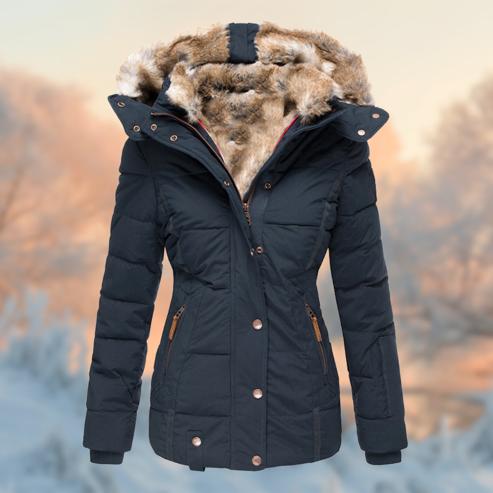 Damen Wintermantel – Warme Jacke mit luxuriösem Pelzkragen und Kapuze