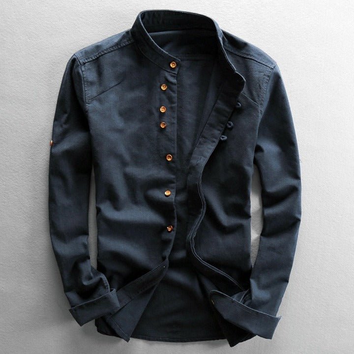 Men's Mandarin Collar Shirt with Decorative Buttons