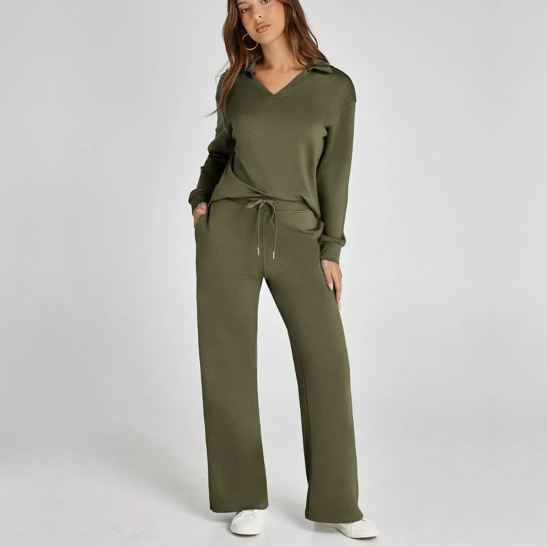 Damen-Loungewear-Set – Bequemes zweiteiliges Set mit V-Ausschnitt