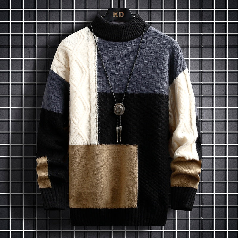 Men's patchwork sweater – elegant warm casual knit sweater