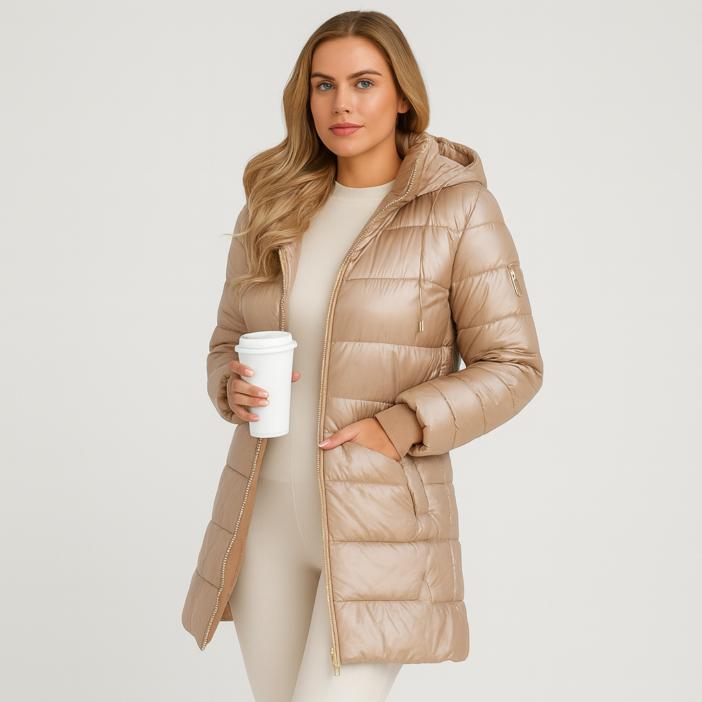 Damen langer Wintermantel mit Kapuze – warm & elegant