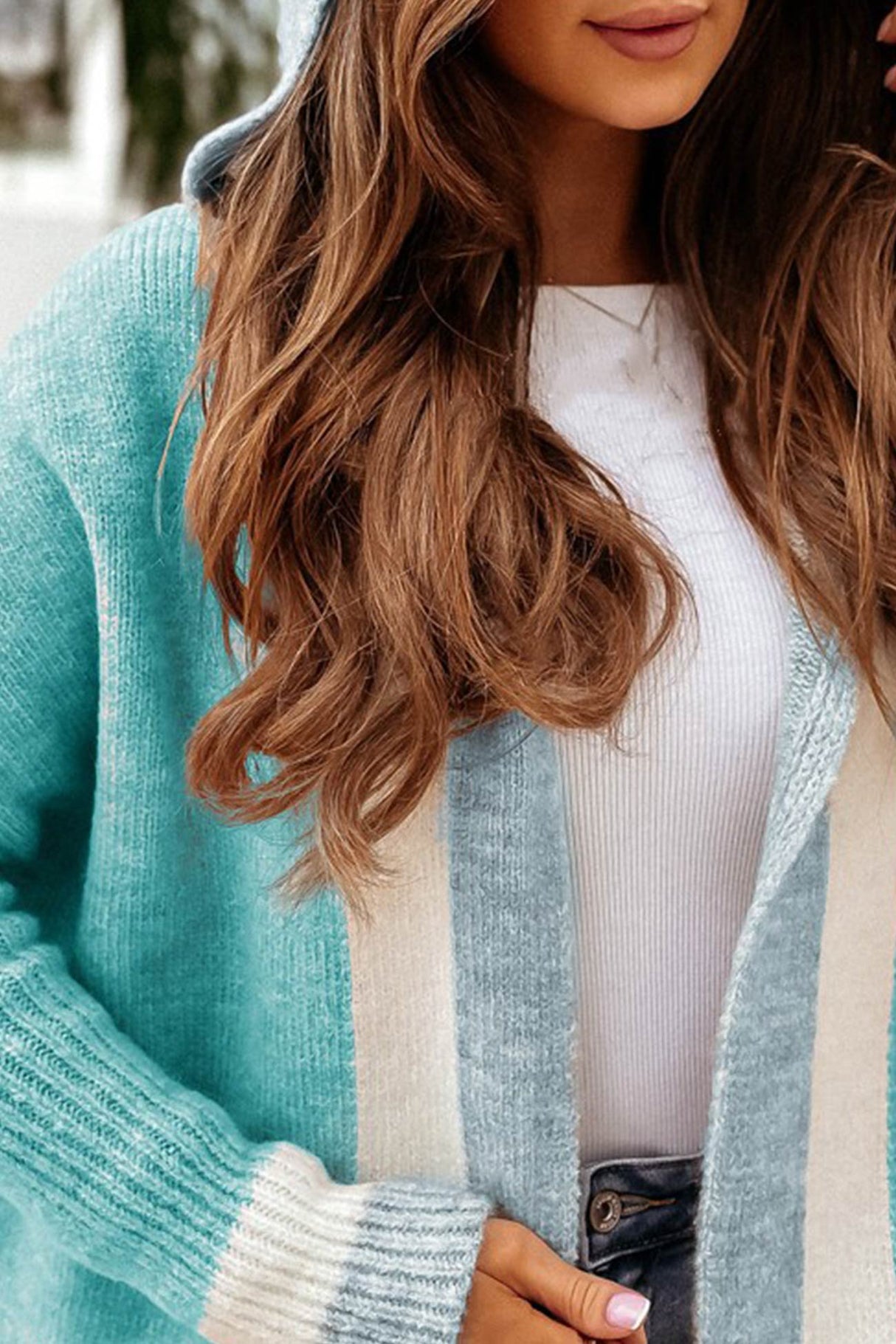 Damen Kapuzenstrickjacke mit kontrastierendem Design – Lange Herbstwesten