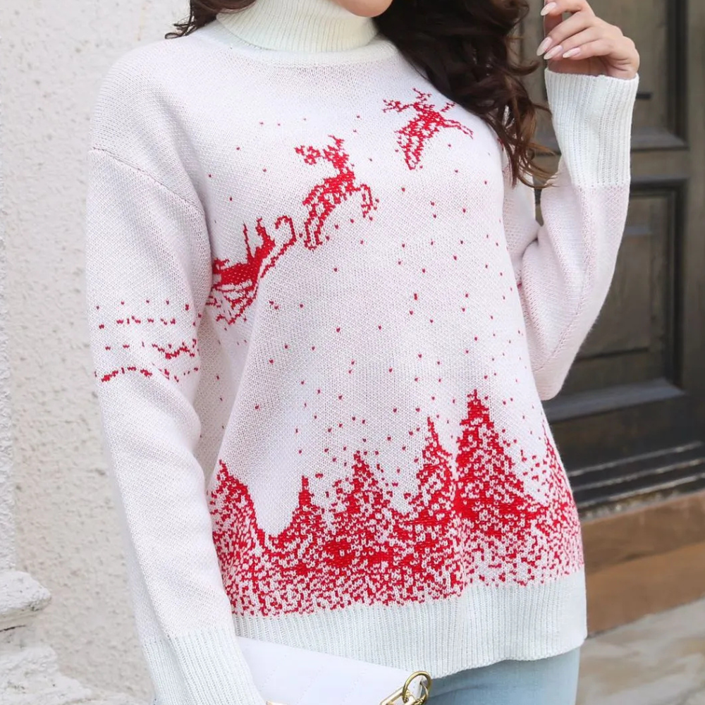 Weihnachts-Pullover Damen – Winterpullover mit rotem Rentier und Schneemuster