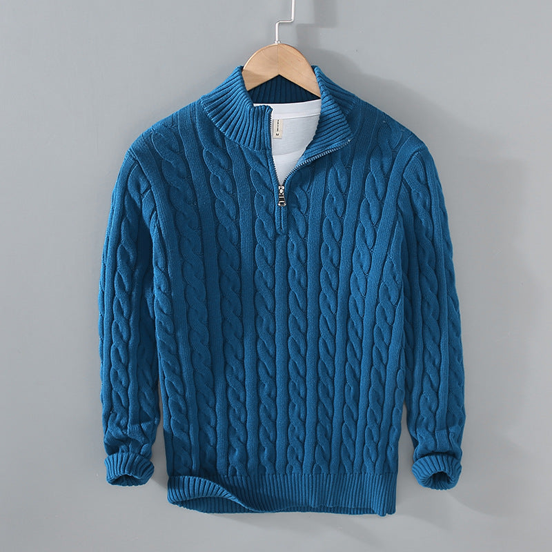 Men's Zip Collar Sweater with Cable Knit Pattern