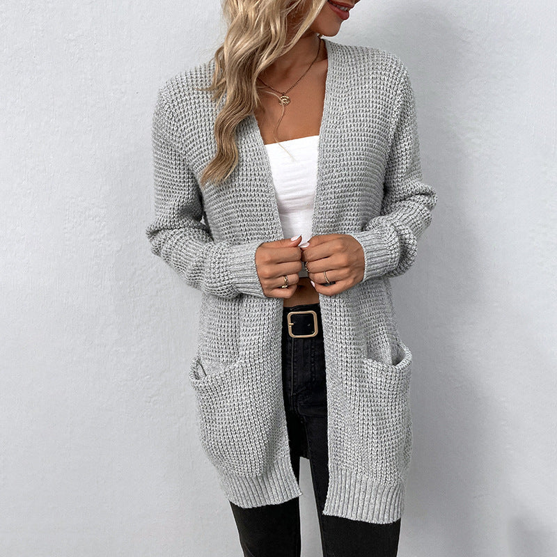 Damenstrickweste – Langer offener Cardigan mit Taschen