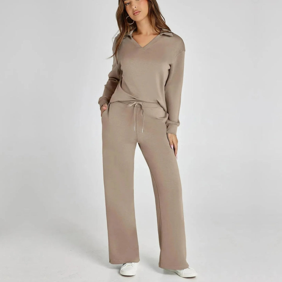Damen-Loungewear-Set – Bequemes zweiteiliges Set mit V-Ausschnitt